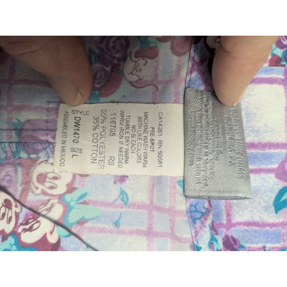 Disney Mickey Minnie Mouse Floral Plaid Scrub Top Purple V-Neck Large DW1470 - Picture 7 of 7